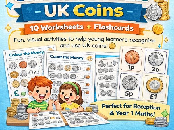Reception/Year 1 Autumn term UK coin value - 10 beginners worksheets with coin flashcards