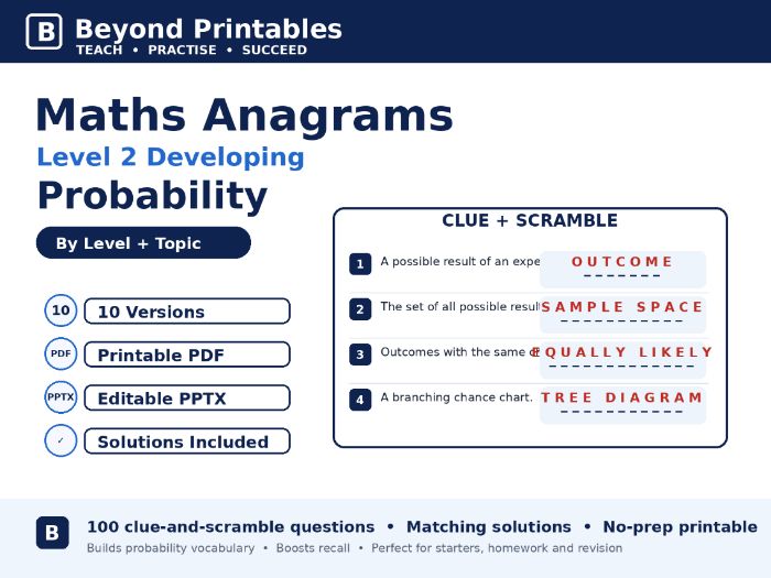 Maths Anagrams Level 2 Probability | Vocabulary Retrieval PDF + PowerPoint