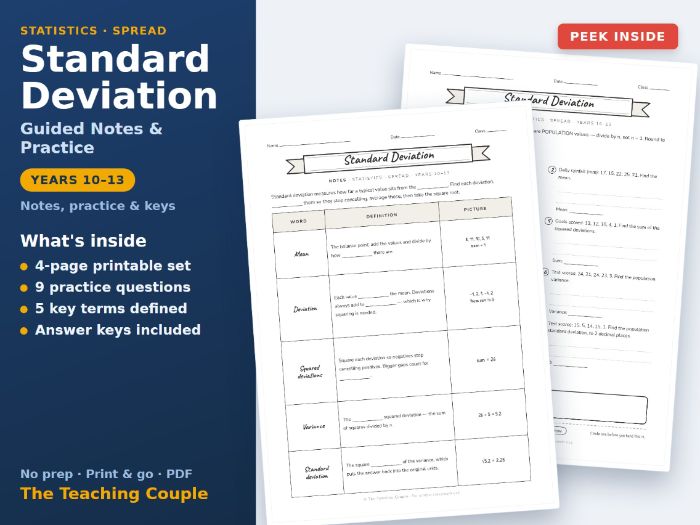 Standard Deviation Guided Notes & Practice + Answer Keys | Years 10-13