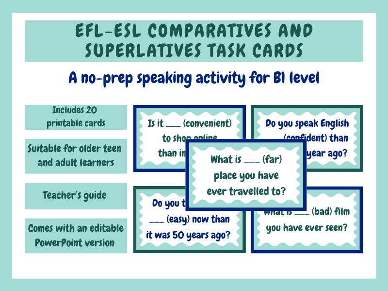 EFL-ESL Comparatives and Superlatives Speaking Task Cards (Adjectives + Adverbs)