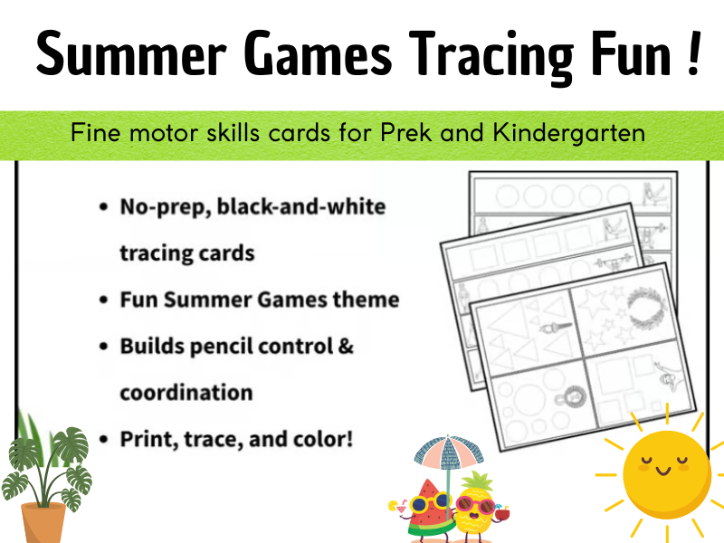 Black and White Summer Games Fine Motor Skills Tracing Cards for PreK and K.