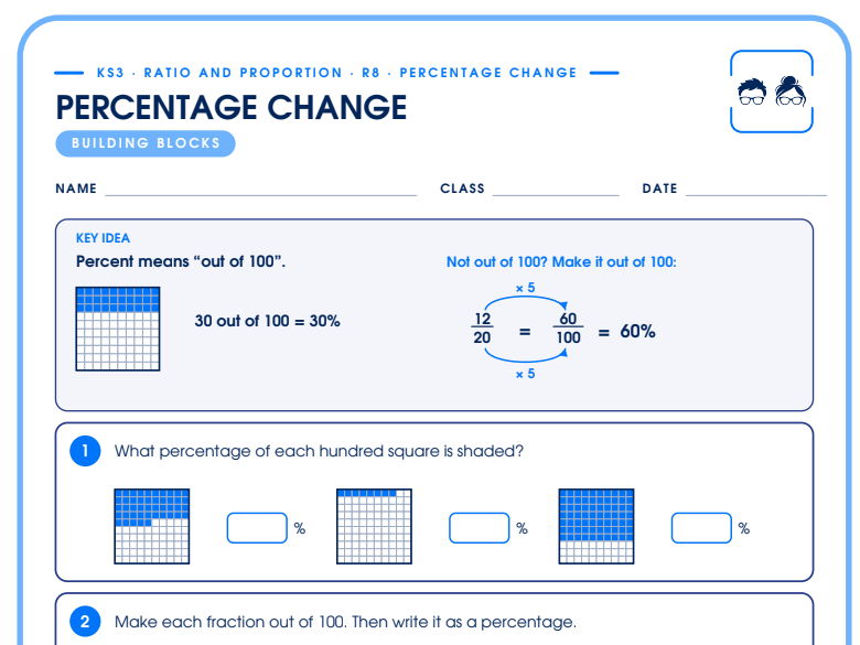 Percentage Change | 4-Tier Differentiated Worksheet | KS3 + Answers