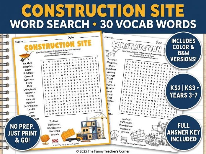 Construction Site Word Search | Building Vehicles & Tools Activity | KS1 KS2 Years 2-6