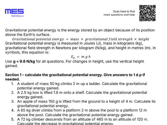 GCSE Physics AQA HT Topic 1: Energy - Gravitational Potential Energy Worksheet