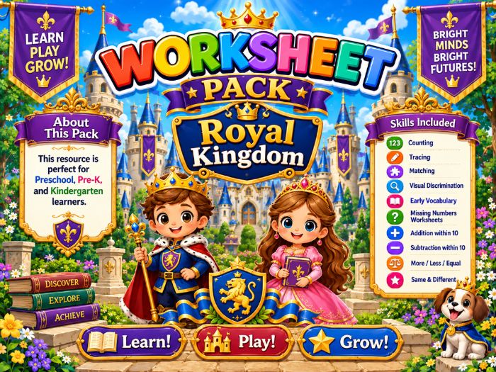 Royal Kingdom Worksheets for Preschool Pre-K Kindergarten | Math, Tracing & Matching