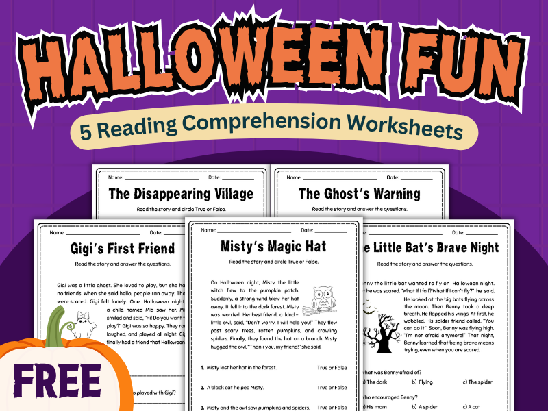 FREE Halloween Reading Comprehension Worksheets | 5 Short Stories & Activities