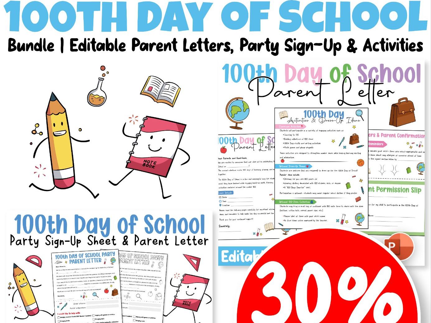 100th Day of School Bundle | Editable Parent Letters, Party Sign-Up & Activities