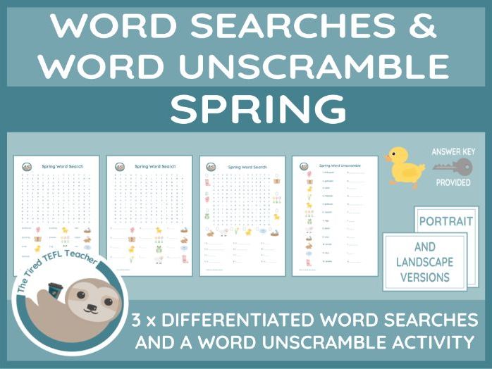 ESL Spring Differentiated Word Searches and Word Unscramble