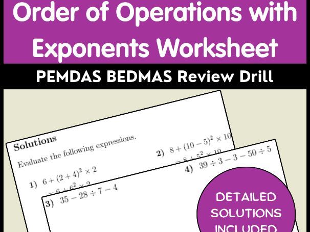 Order of Operations with Exponents Worksheet | PEMDAS BEDMAS Review Drill