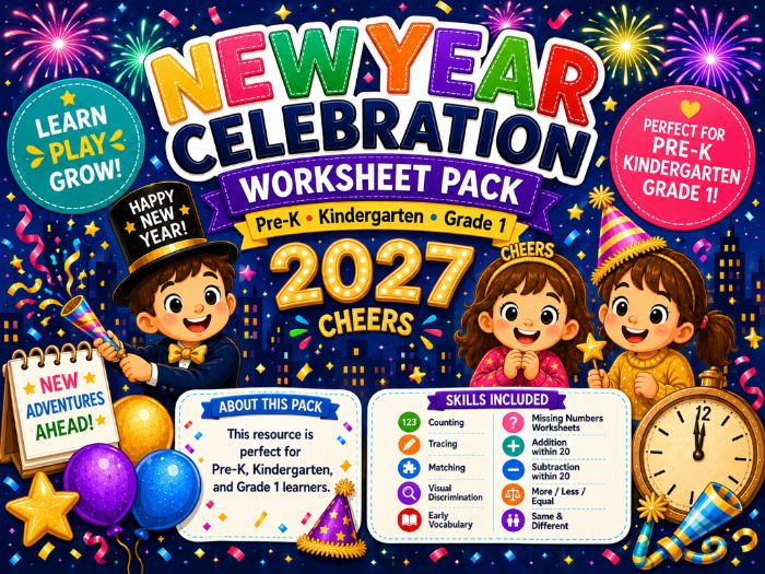 New Year 2027 Worksheets Pre-K Kindergarten 1st Grade | Math & New Year Activities