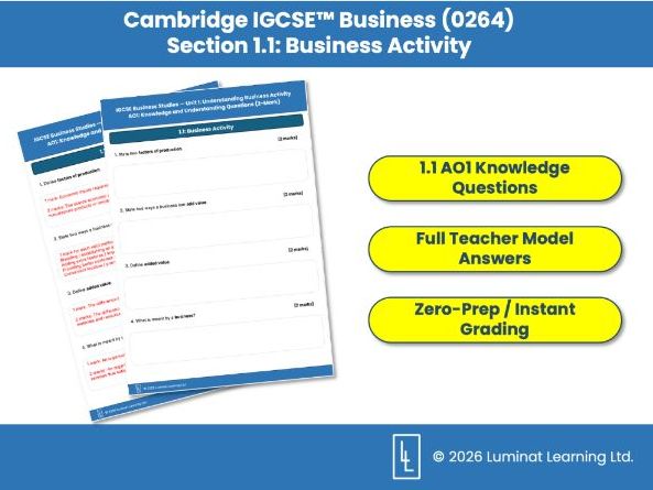 Cambridge IGCSE Business (0264): 1.1 Business Activity AO1 Knowledge Worksheet