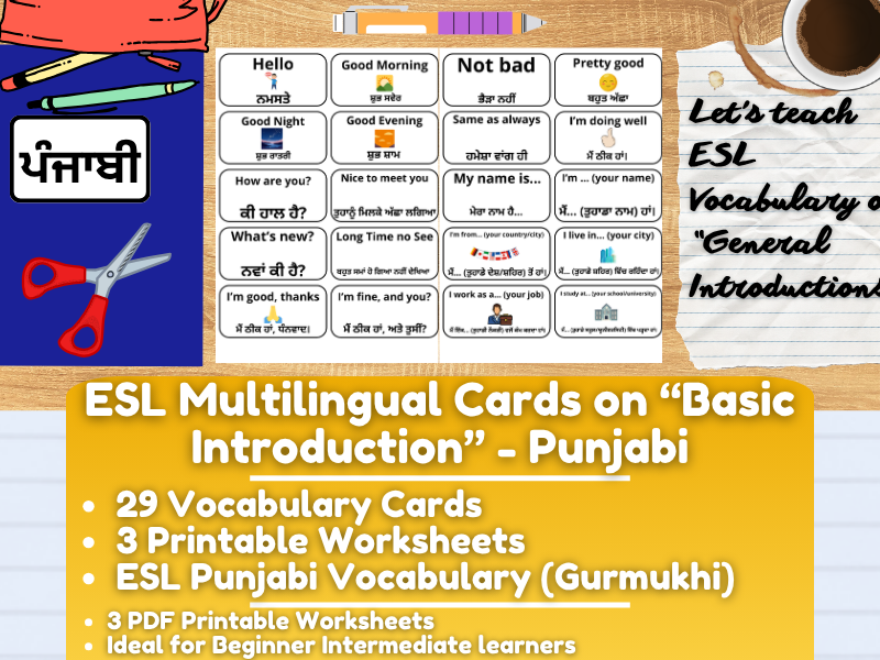 ESL Multilingual Vocabulary Flashcards - Introductions - Gurmukhi Punjabi