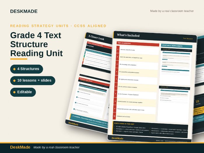 Grade 4 Text Structure Reading Unit - 10 Lessons plus 4 Structures RI.4.5
