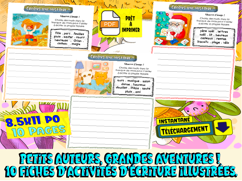 Petits auteurs, grandes aventures ! 10 fiches d’activités d’écriture illustrées.