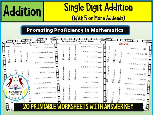 Single-Digit Addition with 5 or More Addends Worksheets – Practice Activity