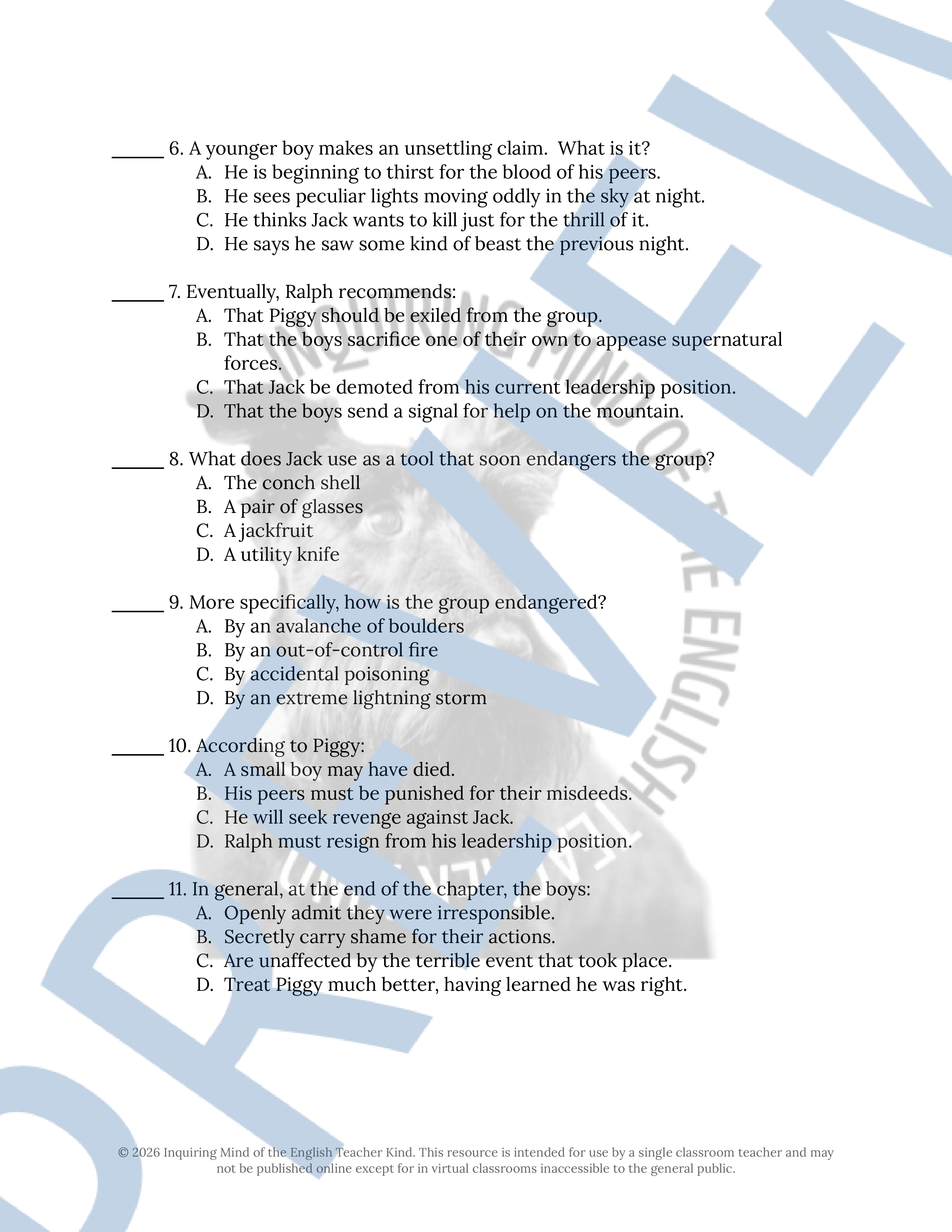 Lord of the Flies Chapter 2 Quiz and Answer Key | Guided Reading ...
