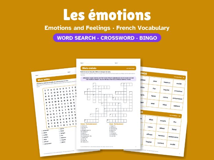 Emotions and Feelings in French: Word Search, Crossword & Bingo