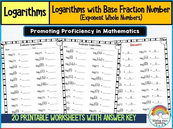Logarithm with Base Positive Fraction (Exponent as Whole Number) Worksheets