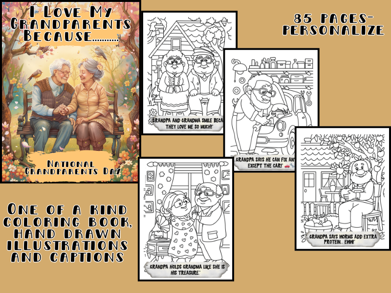 I Love My Grandparents Because.......One of a kind coloring book-hand drawn illustrations