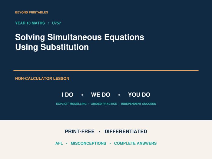 Solving Simultaneous Equations Using Substitution | I Do, We Do, You Do | Year 10 Maths print-free L