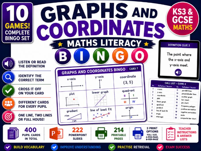 Graphs and Coordinates Maths Literacy Bingo | KS3 & GCSE Vocabulary | 10 Games