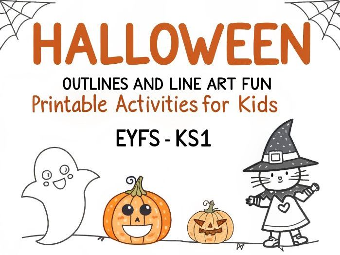 Halloween, outlines, line art, printable, activity, kids, EYFS, KS1, fun, easy, animals, pumpkins.