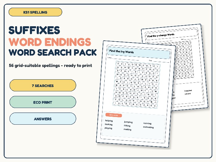 KS1 Suffixes and Word Endings Word Search Pack | 7 Spelling Activities
