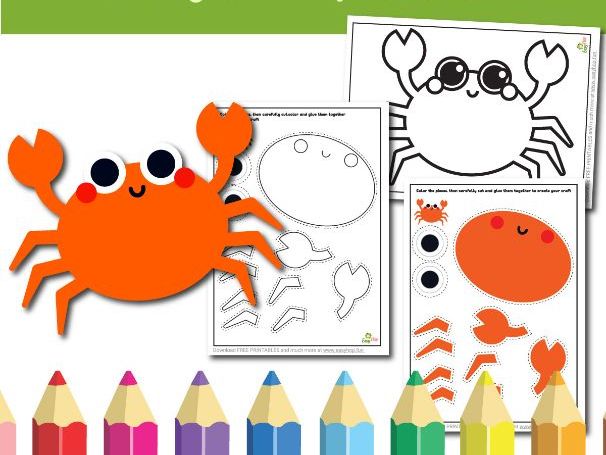 Crab Art & Craft Printable Pack | Cut, Color, and Glue Activity for Kids | 3-Page Digital Download