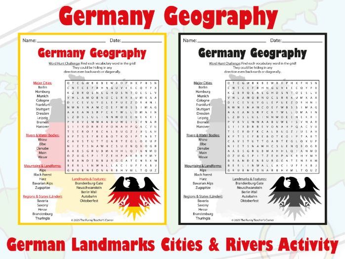 Germany Geography Word Search Puzzle | German Landmarks Cities & Rivers Activity