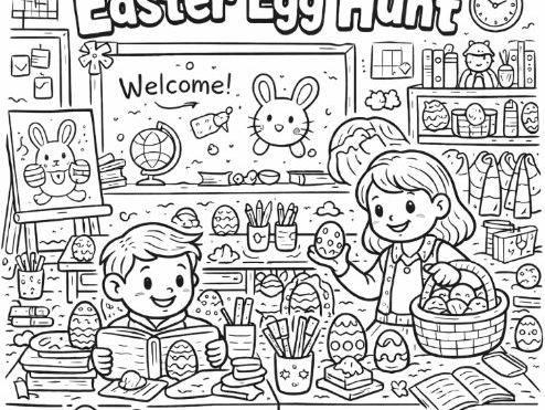 Easter Egg Hunt in the Classroom Colouring Page