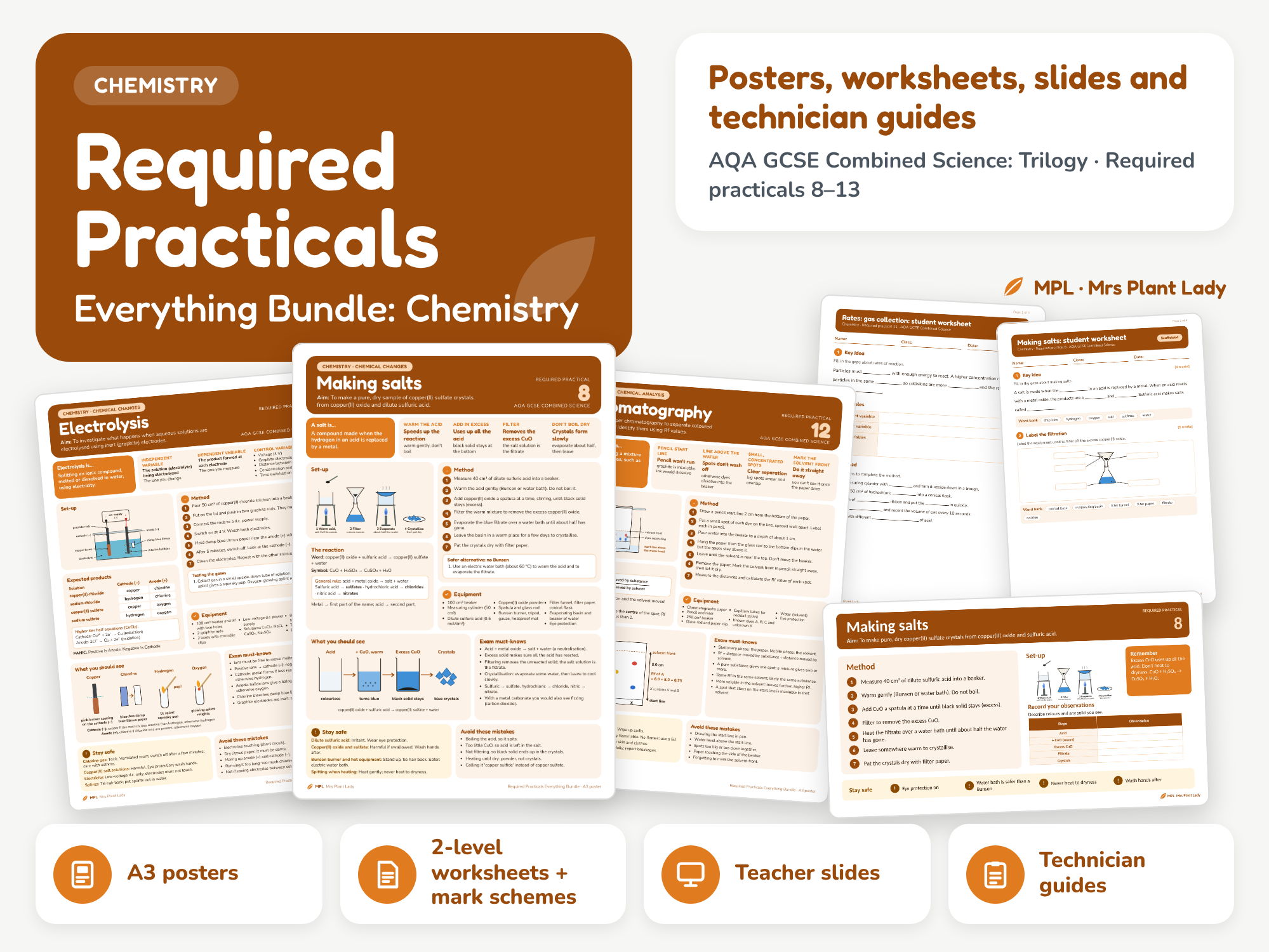 Chemistry Required Practicals Bundle | AQA GCSE Combined Science Trilogy | Practicals 8–13 | A3 Posters, Worksheets, Slides, Technician Guides