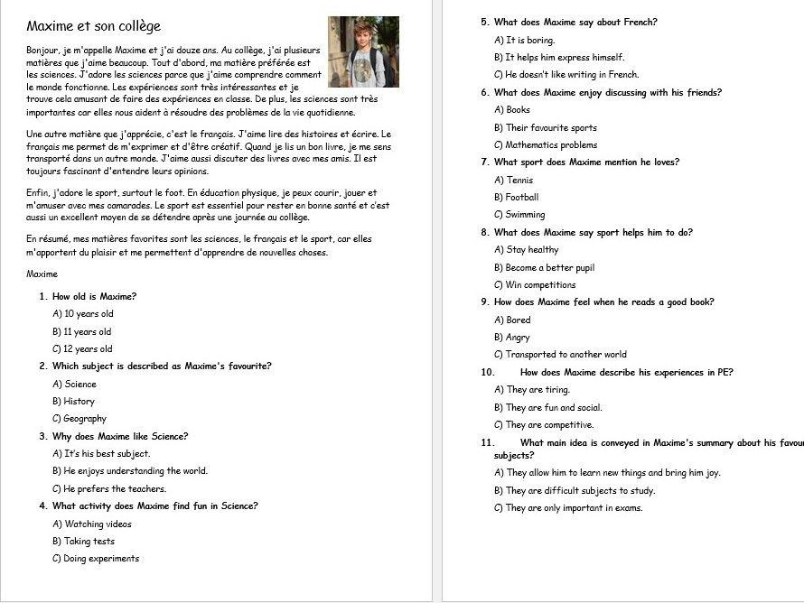 French - Favourite school subjects - Maxime et son collège - Reading practice