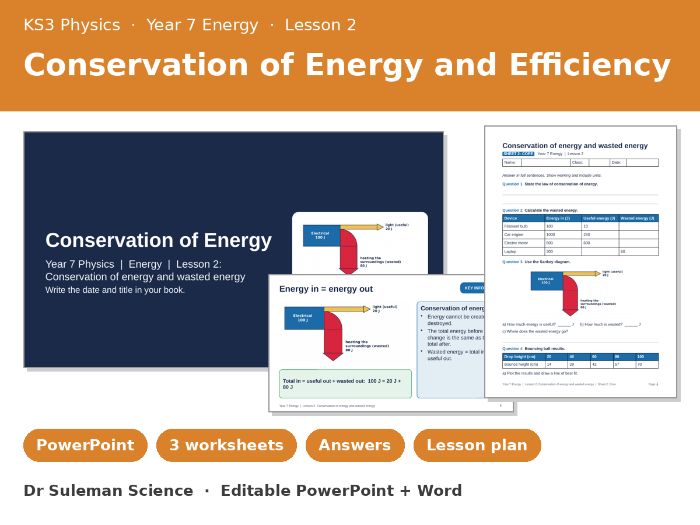 KS3 Conservation of Energy and Efficiency Lesson + Worksheets