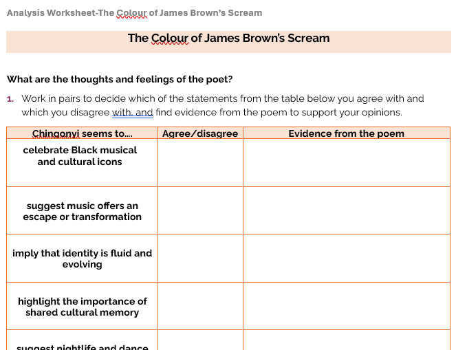 The Colour of James Brown's Scream-Kayo Chingonyi Analysis Worksheet