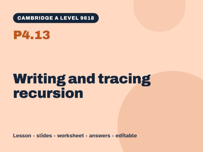 Cambridge A Level Computer Science 9618 – P4.13 Writing and tracing recursion – Lesson & Worksheet