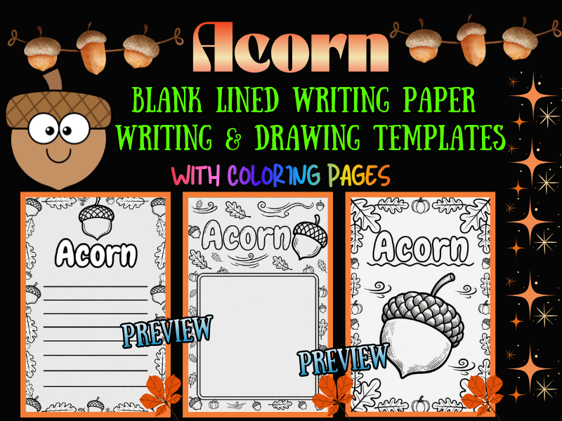 Fall Acorn Coloring Pages & Lined Writing Paper | Autumn Templates NO PREP