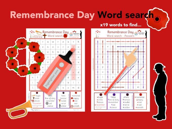 Wordsearch - Remembrance Day, x19 words to find