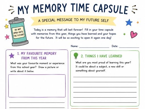 KS2 End of Year Memory Time Capsule Printable Reflection Worksheet for Primary School Pupils