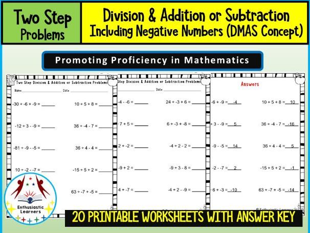 Two-Step Division and Addition or Subtraction including negative numbers  Worksheets Math Problems