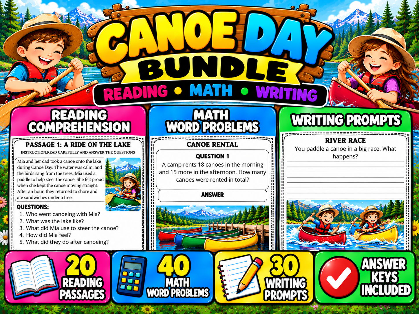 Canoe Day Bundle | Reading Comprehension, Math Word Problems & Writing Prompts