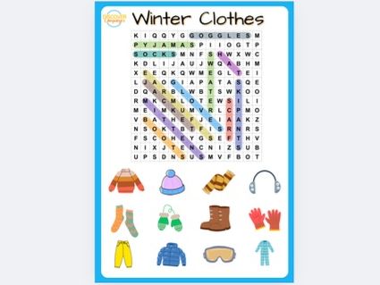 Winter Clothes Vocabulary Poster Worksheets and Wordsearch activity for ELLs
