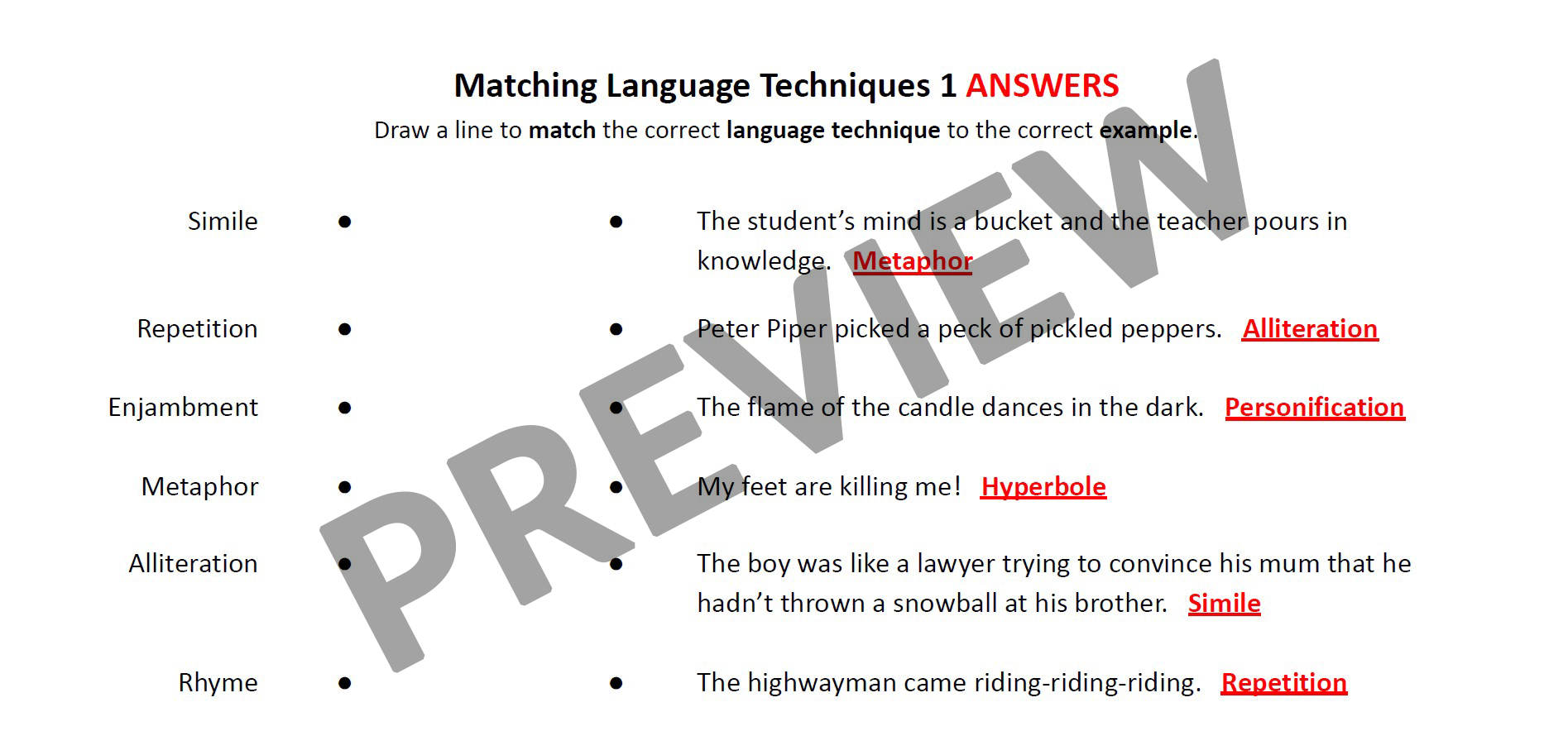 Match Language Matching Language Techniques 1 and 2 Worksheets | Teaching Resources