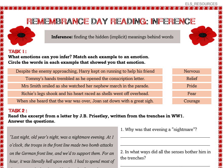 Remembrance Day English Reading Skills Inference Worksheet