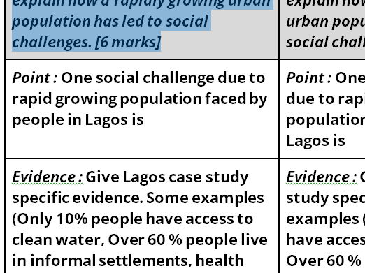 AQA Geography Urban challenges 6 mark exam question structure strip.
