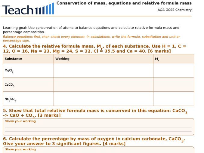 AQA GCSE Chemistry Quantitative Chemistry Worksheets & Answers