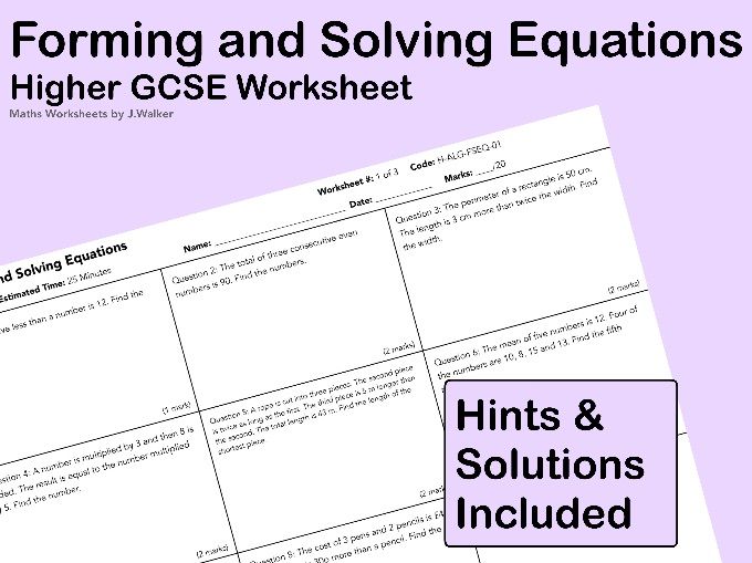 GCSE Maths Worksheet: Forming and Solving Equations - Higher Tier