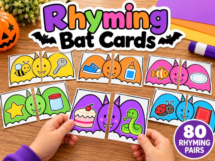 Halloween Rhyming Words Matching Game | 80 Bat Picture Puzzles | Phonics Centres