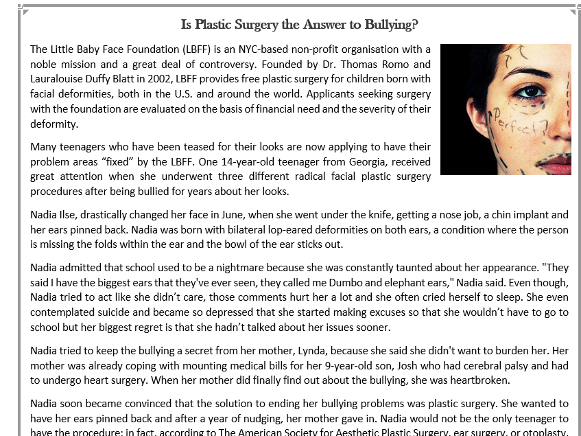 Is Plastic Surgery the Answer to Bullying - Reading Comprehension Worksheet