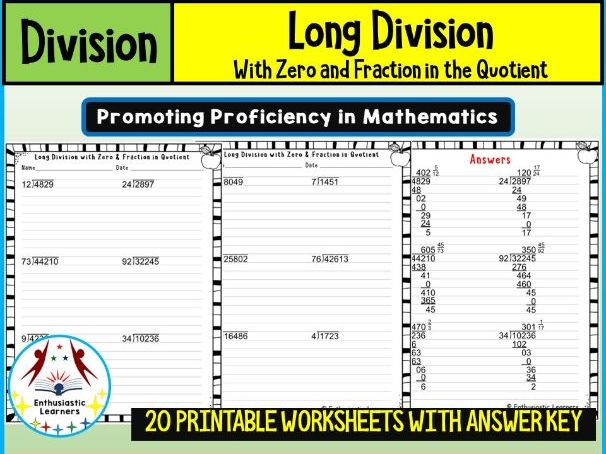 Long Division with Zero and Fraction in the Quotient Worksheets Math Problems