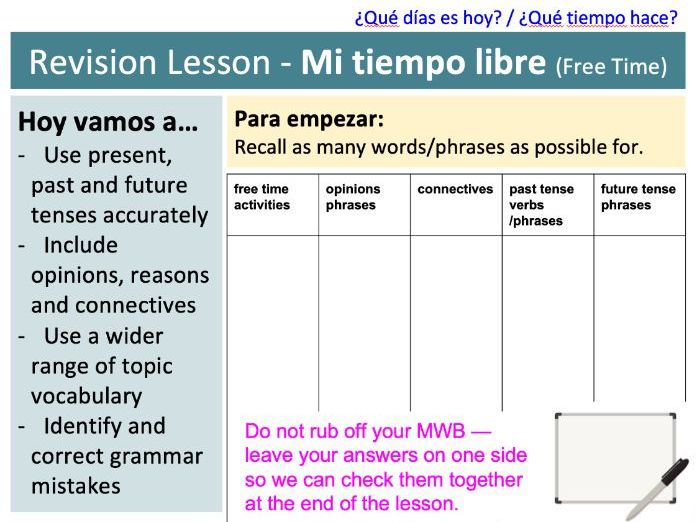 Spanish GCSE Revision: Writing Exam Practice - FREE TIME - EL TIEMPO LIBRE
